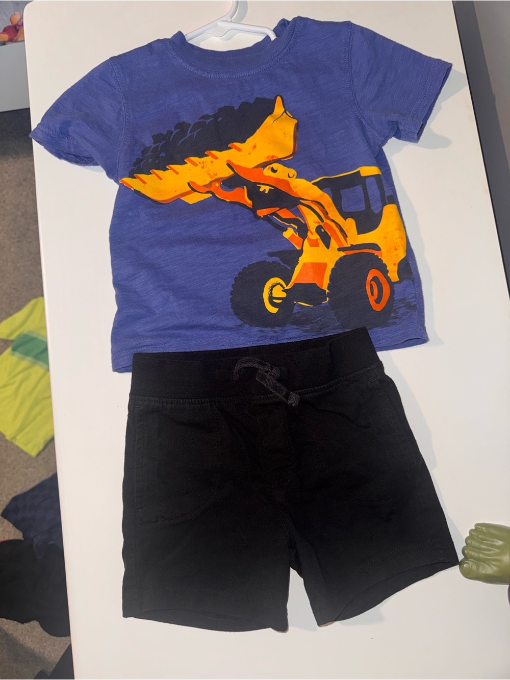 Carter's Blue Tee with Yellow-Orange Dump Truck Graphic and Black Shorts